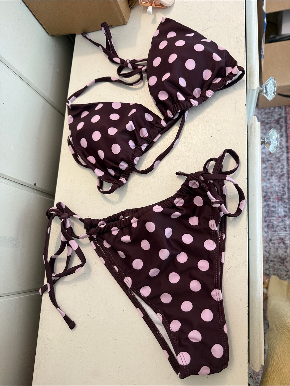 Polka Dot Tie-Side Bikini Set - Pink on Deep Plum